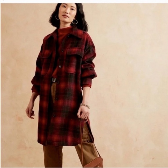 BANANA REPUBLIC FACTORY WOMAN RED PLAID LONG SHACKET COAT  SIZE M .NEW WITH TAGS - Picture 1 of 11